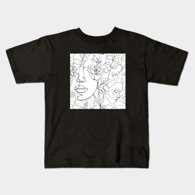 Contemporary background with fashion continuous line pattern. One line woman face, flowers, leaves and caligraphy phrase. Trendy hand drawn textures. Kids T-Shirt by CoCoArt-Ua